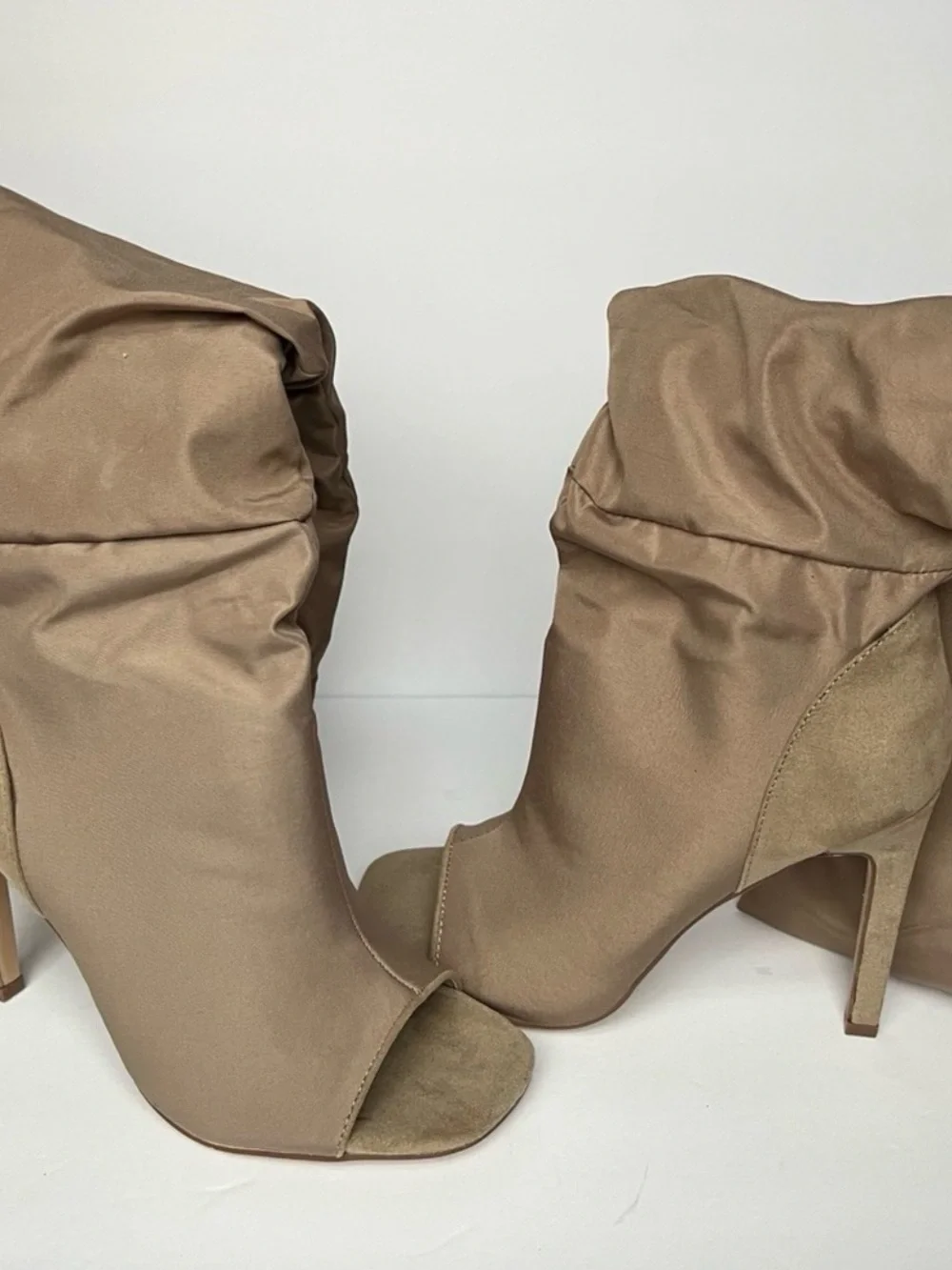 Over-the-Knee Beige Peep-Toe Stiletto Boots with Flap Pocket